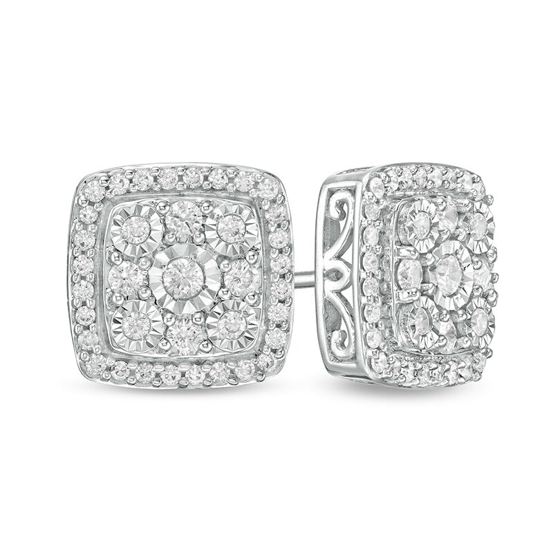 Main Image 1 of Previously Owned - 1/2 CT. T.W. Multi-Diamond Diamond Cushion Frame Stud Earrings in 10K White Gold