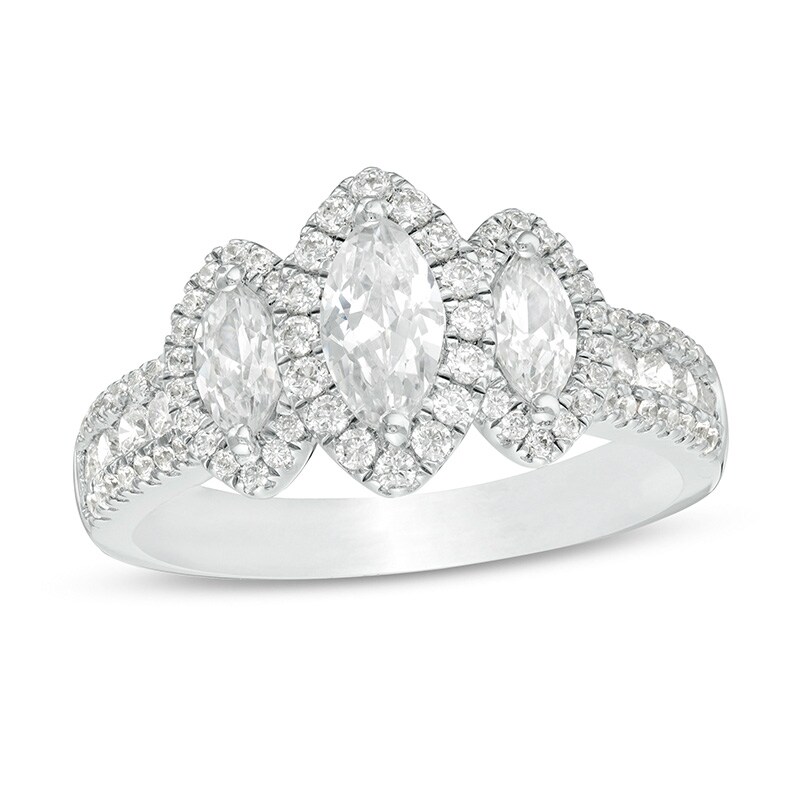 Main Image 1 of Previously Owned - 1-1/2 CT. T.W.  Marquise Diamond Frame Past Present Future® Engagement Ring in 14K White Gold (I/SI2)