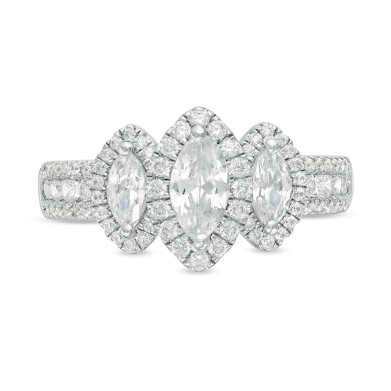Previously Owned - 1-1/2 CT. T.w. Marquise Diamond Frame Past Present FutureÂ® Engagement Ring in 14K White Gold (I/Si2)
