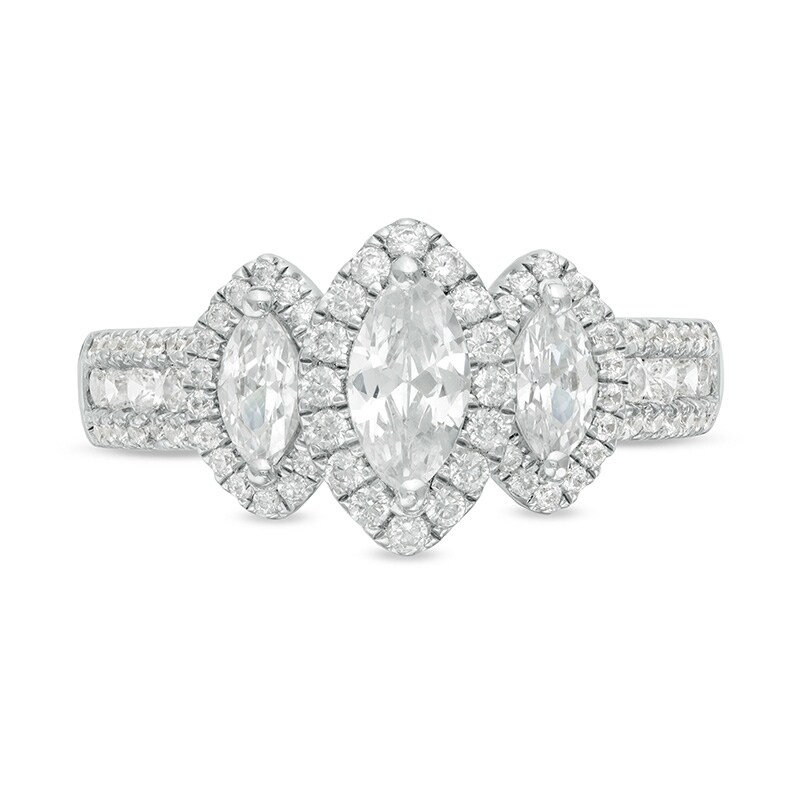 Main Image 4 of Previously Owned - 1-1/2 CT. T.W.  Marquise Diamond Frame Past Present Future® Engagement Ring in 14K White Gold (I/SI2)