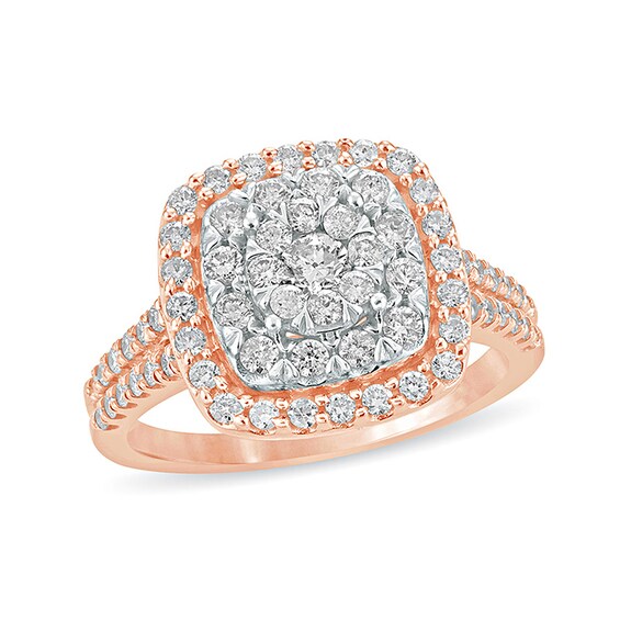 Previously Owned - 1 CT. T.w. Diamond Multi-Row Cushion Frame Engagement Ring in 10K Rose Gold