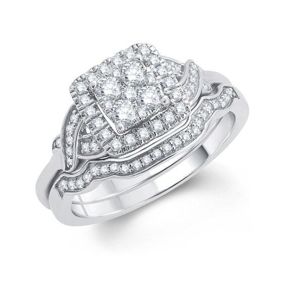 Previously Owned - 1/2 CT. T.w. Multi-Diamond Diamond Square Frame Twist Bridal Set in 10K White Gold