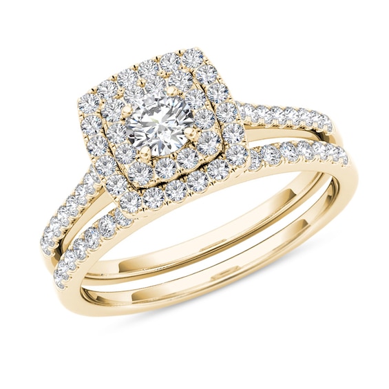 Previously Owned - 3/4 CT. T.w. Diamond Double Cushion Frame Bridal Set in 14K Gold