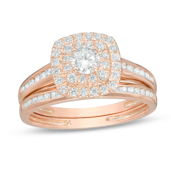 Previously Owned - 3/4 CT. T.w. Diamond Double Cushion Frame Channel Bridal Set in 10K Rose Gold
