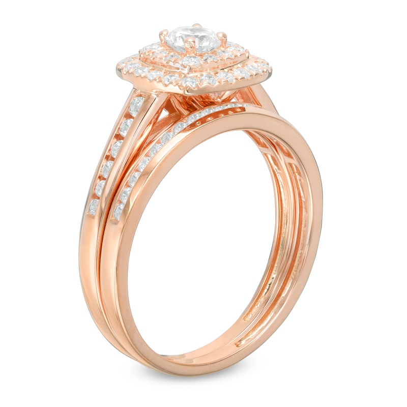 Main Image 2 of Previously Owned - 3/4 CT. T.W. Diamond Double Cushion Frame Channel Bridal Set in 10K Rose Gold