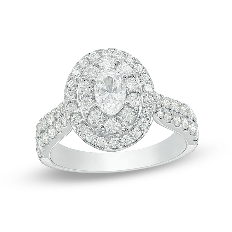Main Image 1 of Previously Owned - Love's Destiny by Peoples 1-1/2 CT. T.W. Oval Diamond Frame Engagement Ring in 14K Two-Tone Gold