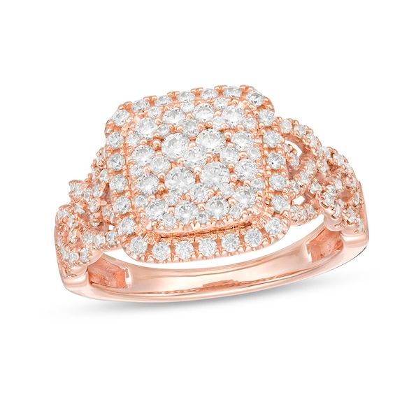 Previously Owned - 1 CT. T.w. Multi-Diamond Diamond Cushion Frame Braid Shank Ring in 10K Rose Gold