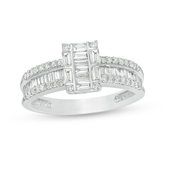 Previously Owned - 1/2 CT. T.w. Baguette Multi-Diamond Diamond Multi-Row Engagement Ring in 10K White Gold