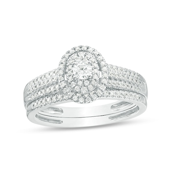 Previously Owned - 1/2 CT. T.w. Diamond Double Oval Frame Multi-Row Bridal Set in 10K White Gold