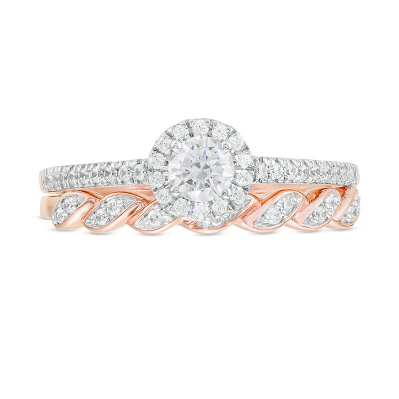 Main Image 4 of Previously Owned - 1/2 CT. T.W. Diamond Frame Twist Shank Bridal Set in 10K Rose Gold
