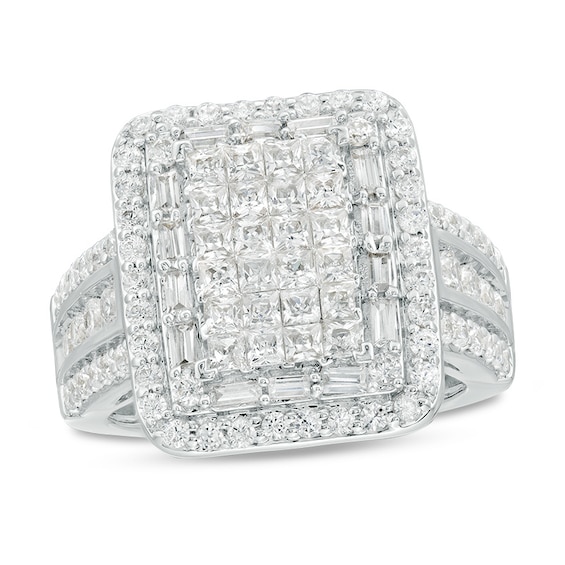 Previously Owned - 2 CT. T.w. Princess-Cut Diamond Double Rectangular Frame Multi-Row Ring in 14K White Gold
