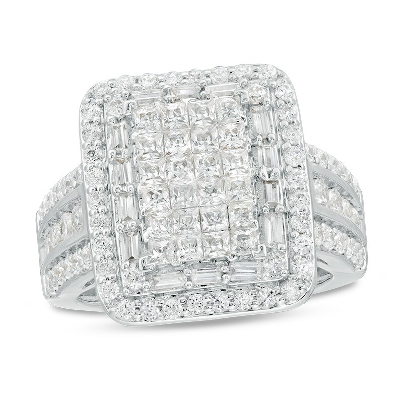 Main Image 1 of Previously Owned - 2 CT. T.W. Princess-Cut Diamond Double Rectangular Frame Multi-Row Ring in 14K White Gold