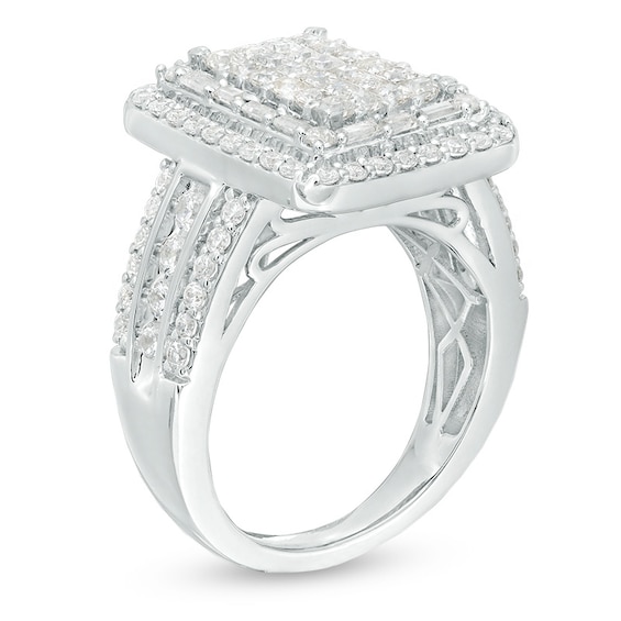 Previously Owned - 2 CT. T.w. Princess-Cut Diamond Double Rectangular Frame Multi-Row Ring in 14K White Gold