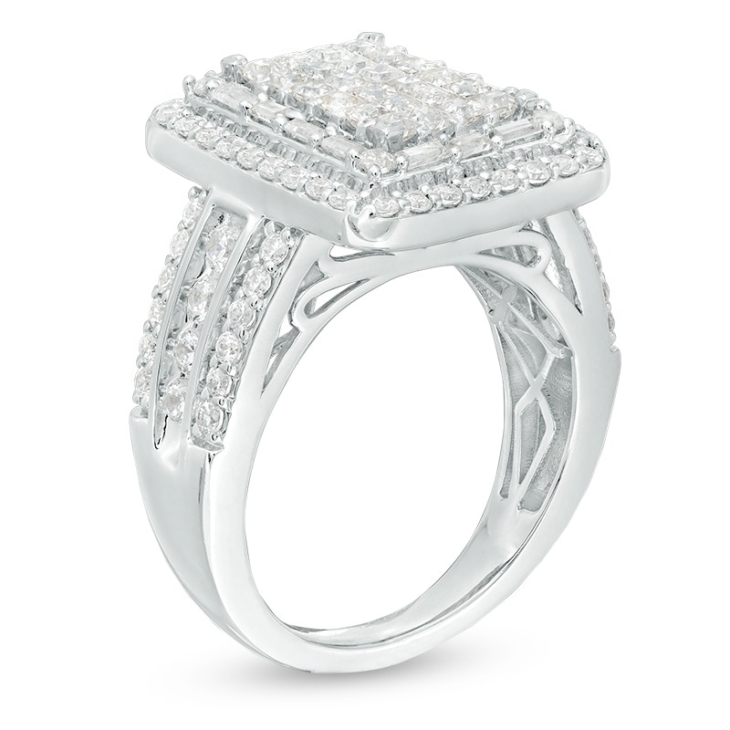 Main Image 3 of Previously Owned - 2 CT. T.W. Princess-Cut Diamond Double Rectangular Frame Multi-Row Ring in 14K White Gold