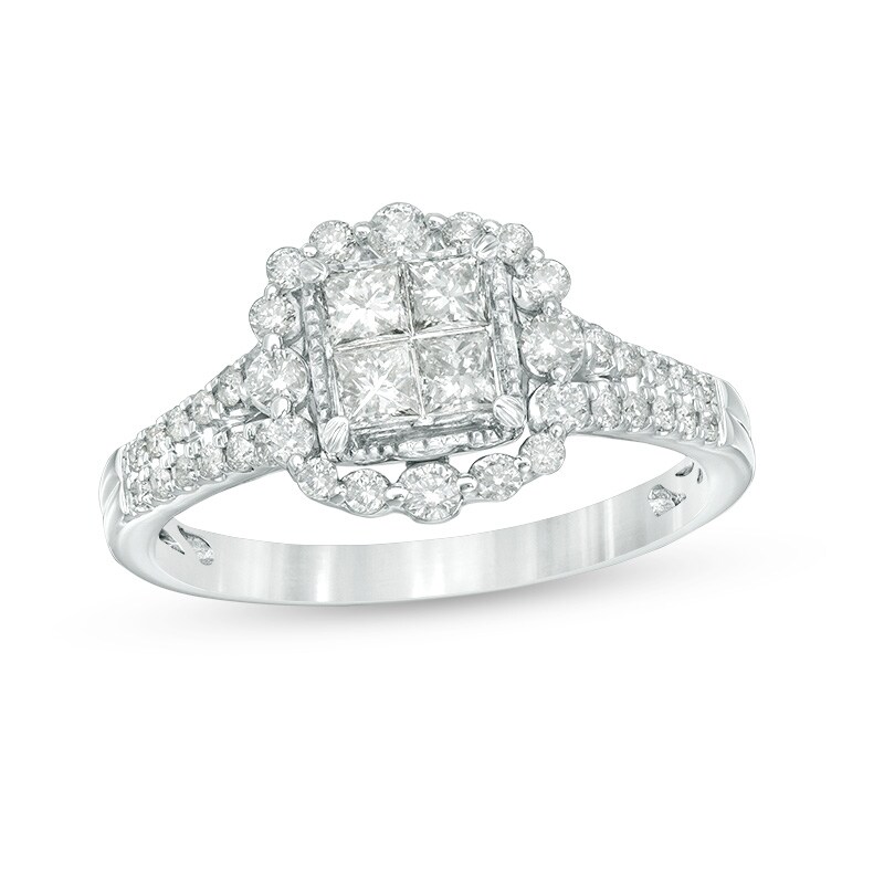 Main Image 1 of Previously Owned - 3/4 CT. T.W. Quad Princess-Cut Diamond Vintage-Style Frame Engagement Ring in 14K White Gold