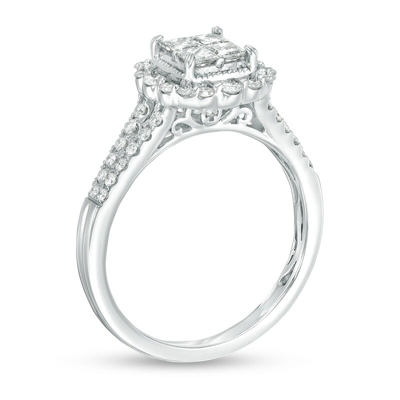 Main Image 3 of Previously Owned - 3/4 CT. T.W. Quad Princess-Cut Diamond Vintage-Style Frame Engagement Ring in 14K White Gold