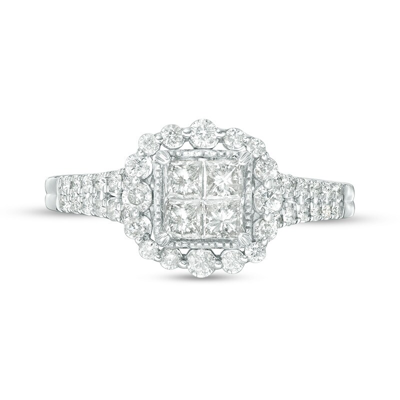 Main Image 4 of Previously Owned - 3/4 CT. T.W. Quad Princess-Cut Diamond Vintage-Style Frame Engagement Ring in 14K White Gold