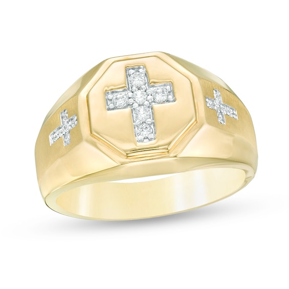 Previously Owned - 1/5 CT. T.w. Diamond Triple Cross Multi-Finish Bevelled Shank Octagon Signet Ring in 10K Gold