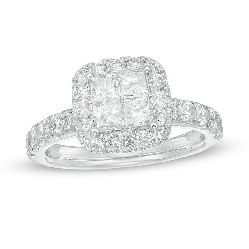 Main Image 1 of Previously Owned - 1-7/8 CT. T.W. Quad Princess-Cut Diamond Cushion Frame Engagement Ring in 14K White Gold
