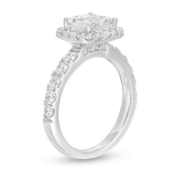 Previously Owned - 1-7/8 CT. T.w. Quad Princess-Cut Diamond Cushion Frame Engagement Ring in 14K White Gold