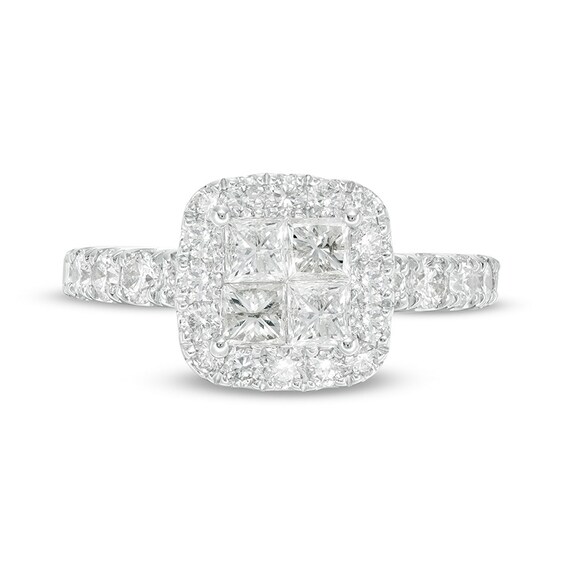 Previously Owned - 1-7/8 CT. T.w. Quad Princess-Cut Diamond Cushion Frame Engagement Ring in 14K White Gold