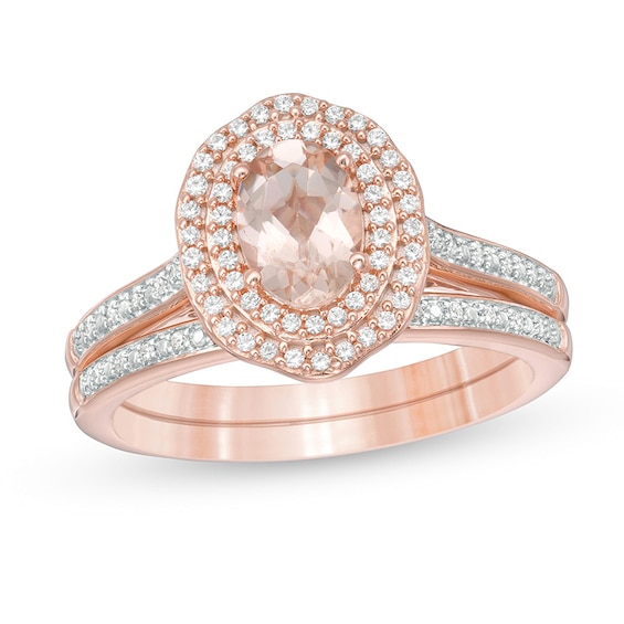 Previously Owned - Oval Morganite and 1/4 CT. T.w. Diamond Double Frame Floral Bridal Set in 10K Rose Gold