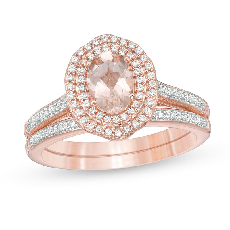 Main Image 1 of Previously Owned - Oval Morganite and 1/4 CT. T.W. Diamond Double Frame Floral Bridal Set in 10K Rose Gold
