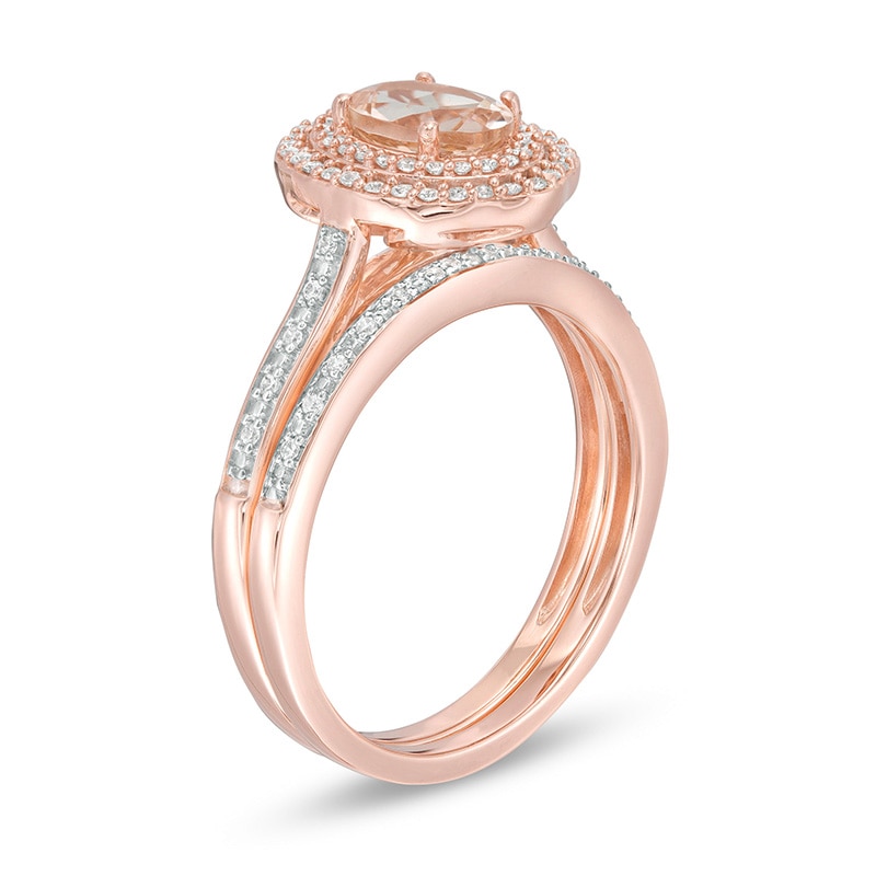 Main Image 3 of Previously Owned - Oval Morganite and 1/4 CT. T.W. Diamond Double Frame Floral Bridal Set in 10K Rose Gold