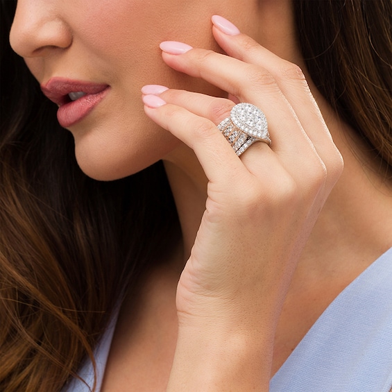 Previously Owned - 7 CT. T.w. Pear-Shaped Multi-Diamond Frame Multi-Row Three Piece Bridal Set in 14K White Gold