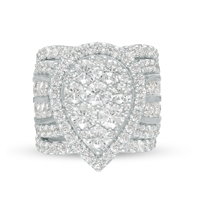 Main Image 4 of Previously Owned - 7 CT. T.W. Pear-Shaped Multi-Diamond Frame Multi-Row Three Piece Bridal Set in 14K White Gold
