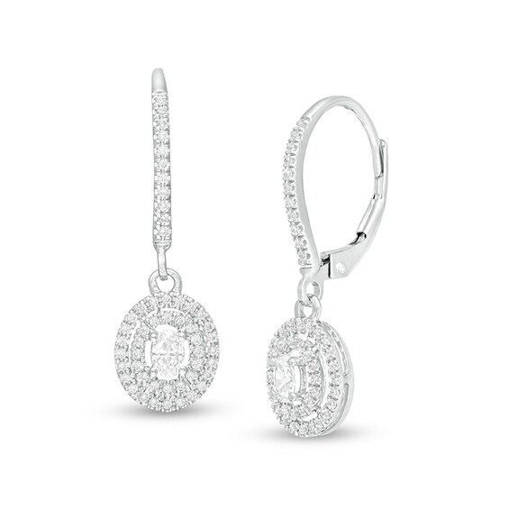 Previously Owned - 1/2 C. T.w. Oval Diamond Double Frame Drop Earrings in 10K White Gold
