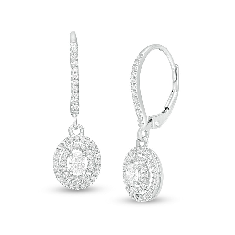 Main Image 1 of Previously Owned - 1/2 C. T.W. Oval Diamond Double Frame Drop Earrings in 10K White Gold