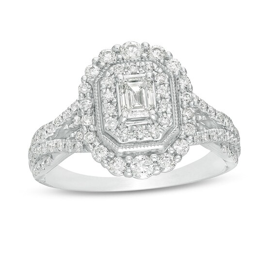 Previously Owned - 1 CT. T.w. Emerald-Cut Diamond Frame Split Shank Vintage-Style Engagement Ring in 14K White Gold