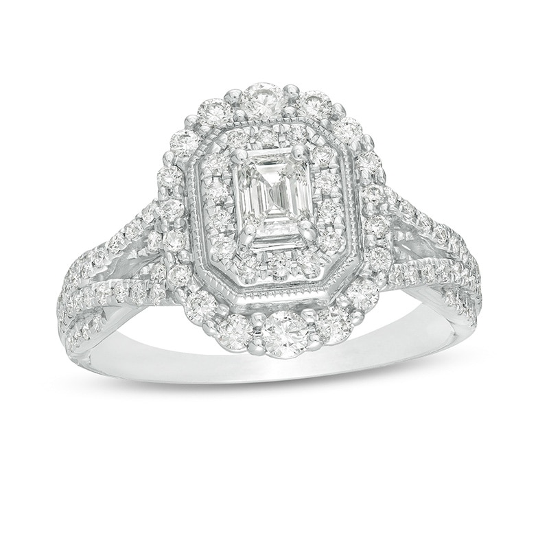 Main Image 1 of Previously Owned - 1 CT. T.W. Emerald-Cut Diamond Frame Split Shank Vintage-Style Engagement Ring in 14K White Gold