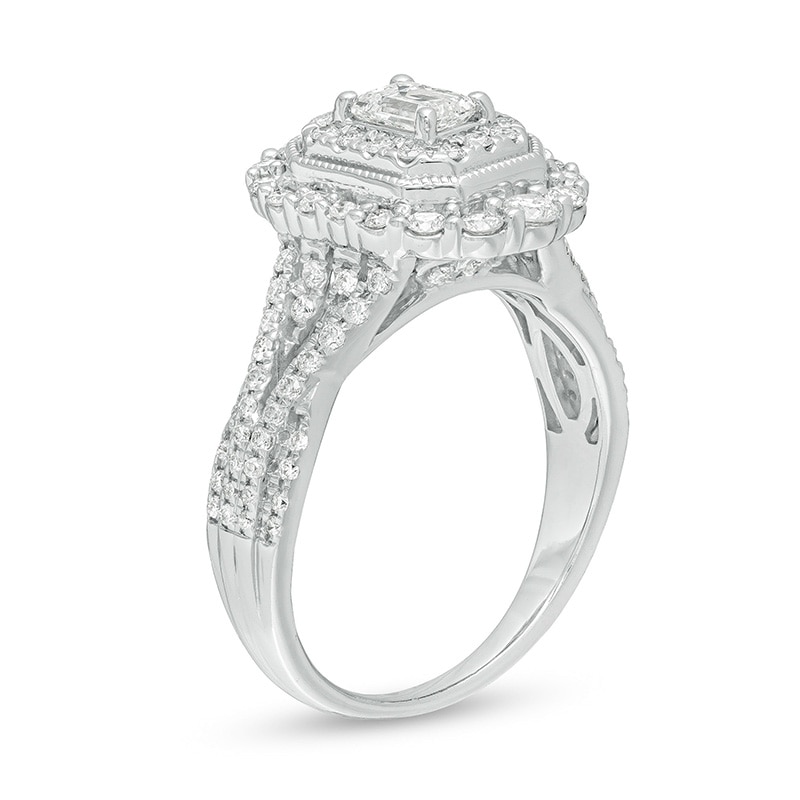 Main Image 3 of Previously Owned - 1 CT. T.W. Emerald-Cut Diamond Frame Split Shank Vintage-Style Engagement Ring in 14K White Gold