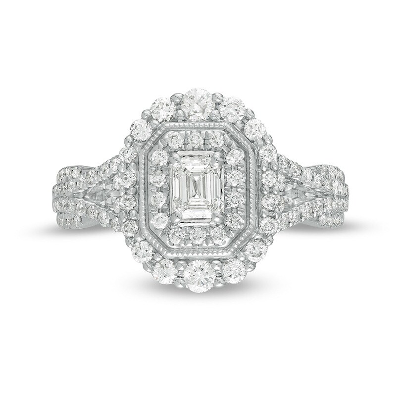 Main Image 4 of Previously Owned - 1 CT. T.W. Emerald-Cut Diamond Frame Split Shank Vintage-Style Engagement Ring in 14K White Gold