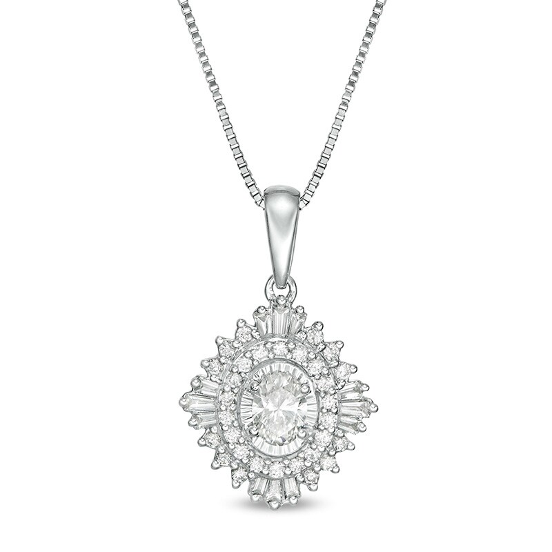 Main Image 1 of Previously Owned - Marilyn Monroe™ Collection 3/8 CT. T.W. Oval Diamond Frame Starburst Pendant in 10K White Gold