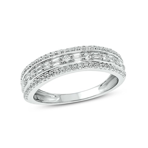 Previously Owned - 1/2 CT. T.w. Baguette and Round Diamond Vintage-Style Anniversary Band in 10K White Gold