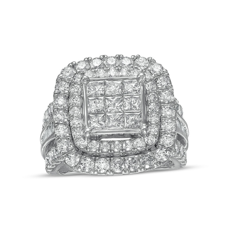 Main Image 1 of Previously Owned - 3 CT. T.W. Multi-Diamond Princess-Cut Diamond Double Frame Engagement Ring in 10K White Gold