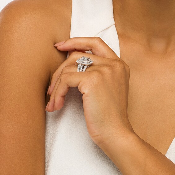 Previously Owned - 3 CT. T.w. Multi-Diamond Princess-Cut Diamond Double Frame Engagement Ring in 10K White Gold