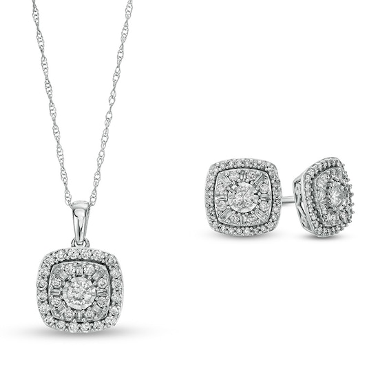 Previously Owned - 1 CT. T.w. Multi-Diamond Cushion-Shaped Diamond Frame Pendant and Stud Earrings Set in 10K White Gold
