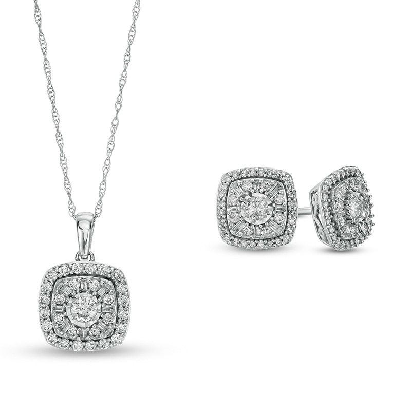 Main Image 1 of Previously Owned - 1 CT. T.W. Multi-Diamond Cushion-Shaped Diamond Frame Pendant and Stud Earrings Set in 10K White Gold