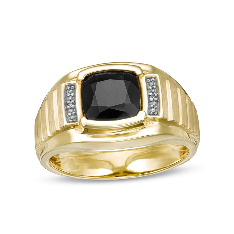 Main Image 1 of Previously Owned - 8.0mm Cushion-Cut Onyx and Diamond Accent Collar Multi-Finish Ribbed Shank Ring in 10K Gold