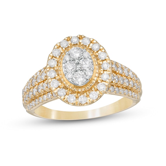 Previously Owned - 1 CT. T.w. Multi-Diamond Oval Diamond Frame Multi-Row Engagement Ring in 10K Gold
