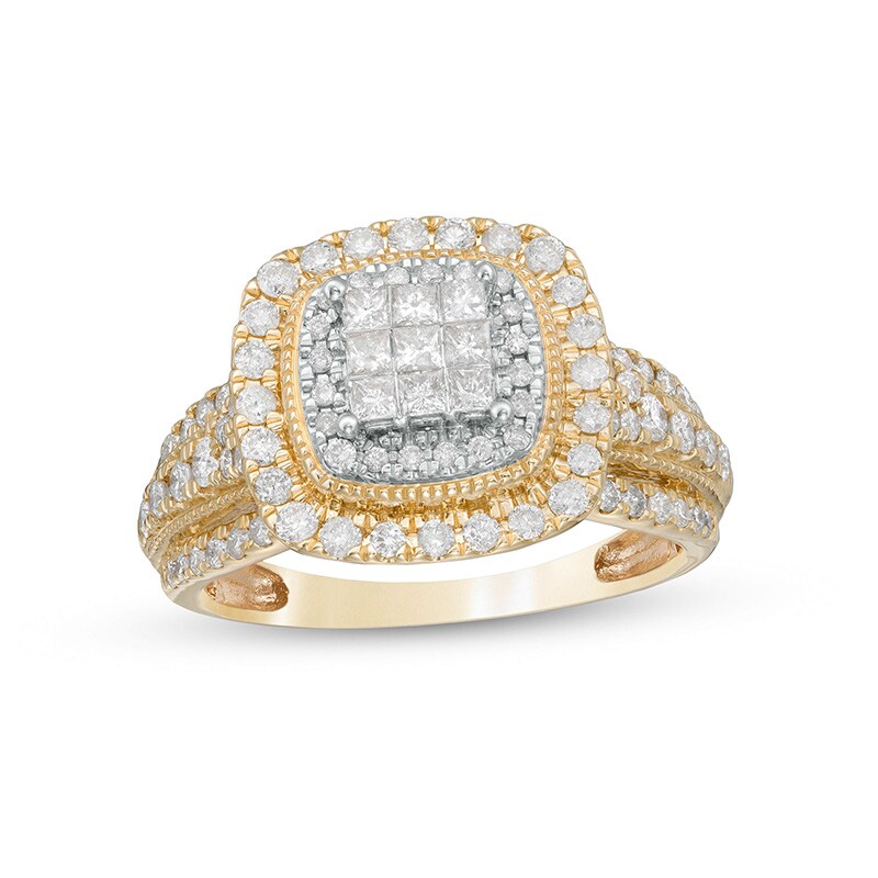 Main Image 1 of Previously Owned - 1 CT. T.W. Multi-Diamond Cushion-Shaped Diamond Frame Multi-Row Engagement Ring in 10K Gold