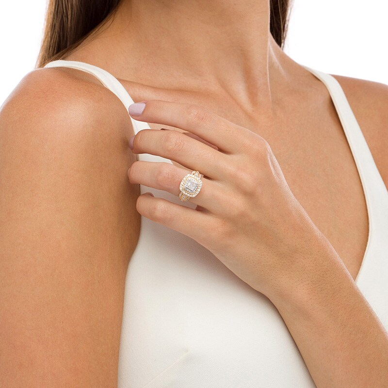 Main Image 2 of Previously Owned - 1 CT. T.W. Multi-Diamond Cushion-Shaped Diamond Frame Multi-Row Engagement Ring in 10K Gold