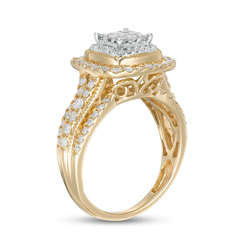 Main Image 3 of Previously Owned - 1 CT. T.W. Multi-Diamond Cushion-Shaped Diamond Frame Multi-Row Engagement Ring in 10K Gold