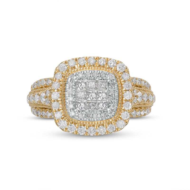 Main Image 4 of Previously Owned - 1 CT. T.W. Multi-Diamond Cushion-Shaped Diamond Frame Multi-Row Engagement Ring in 10K Gold
