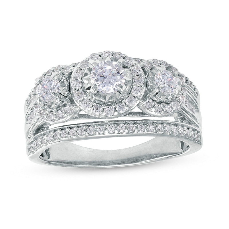 Main Image 1 of Previously Owned - 1 CT. T.W. Diamond Past Present Future® Frame Split Shank Engagement Ring in 10K White Gold