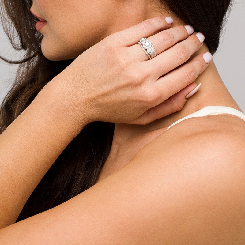 Main Image 2 of Previously Owned - 1 CT. T.W. Diamond Past Present Future® Frame Split Shank Engagement Ring in 10K White Gold